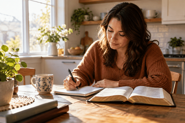 A woman with long, wavy brown hair wears a cozy rust-colored sweater as she writes in a notebook at a wooden table bathed in warm sunlight. An open Bible lies beside her, suggesting she is learning biblical exegesis.